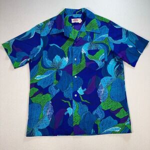 VTG Pomare Hawaiian Shirt Men's XL Blue 60s Floral Pocket Acrylic 501‎ Vacation